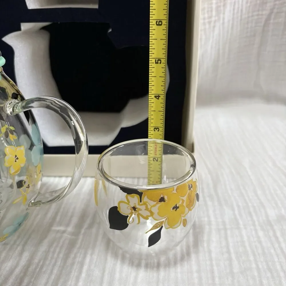 Vintage Cypress Refresh Glass Teapot Infuser 2 Double Wall Cups HandPainted NIOB